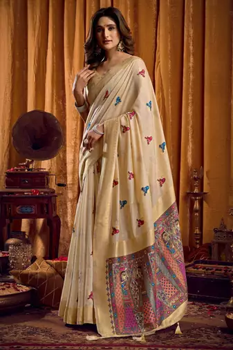 Cream khadi cotton mina work saree with blouse