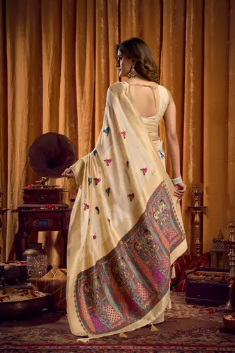 Cream khadi cotton mina work saree with blouse