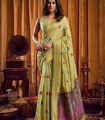 Green khadi cotton mina work saree with blouse