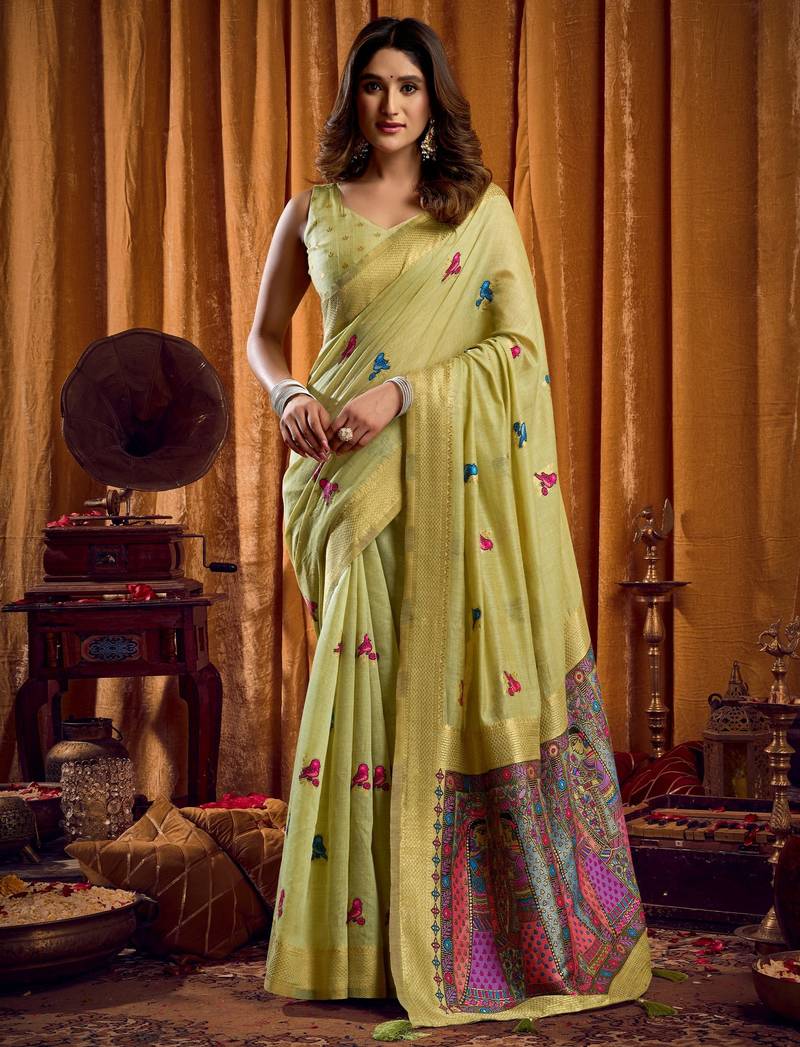 Green khadi cotton mina work saree with blouse