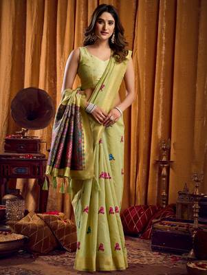 Green khadi cotton mina work saree with blouse 2