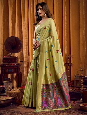Green khadi cotton mina work saree with blouse 3