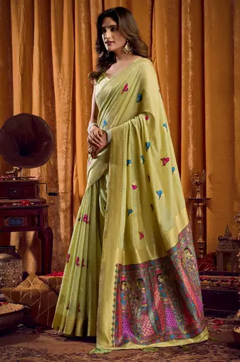 Green khadi cotton mina work saree with blouse