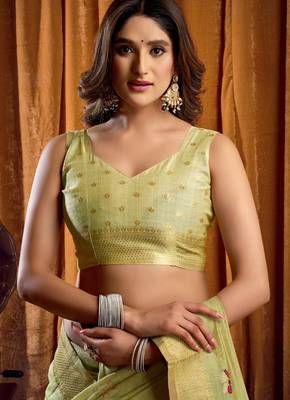 Green khadi cotton mina work saree with blouse 4