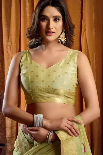 Green khadi cotton mina work saree with blouse