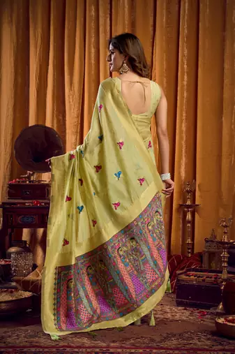 Green khadi cotton mina work saree with blouse