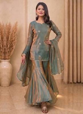 sea green embroidered sequin silk sharara suit set 1