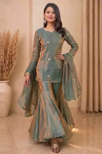 Sea green zari Sequin embroidery work silk kurta & sharara with dupatta set
