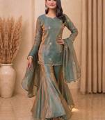 Sea green zari Sequin embroidery work silk kurta & sharara with dupatta set