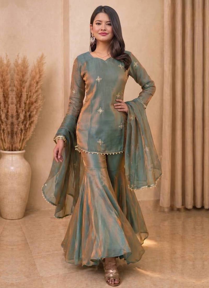 Sea green zari Sequin embroidery work silk kurta & sharara with dupatta set