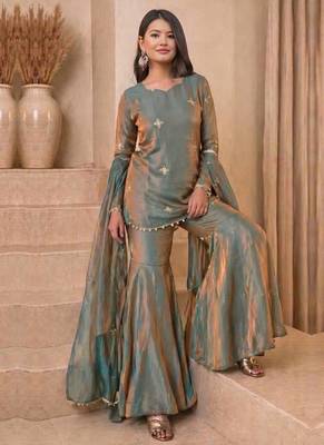 sea green embroidered sequin silk sharara suit set 2