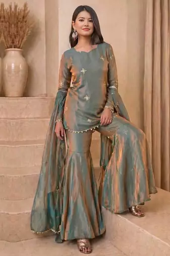 sea green embroidered sequin silk sharara suit set