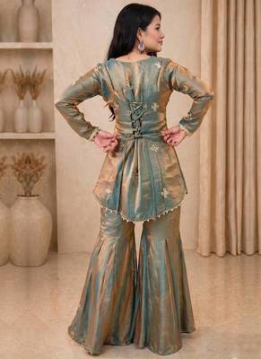 sea green embroidered sequin silk sharara suit set 3