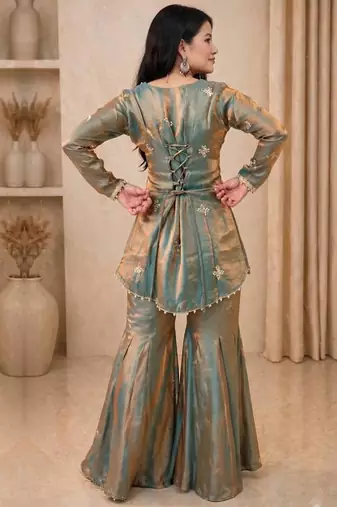 sea green embroidered sequin silk sharara suit set
