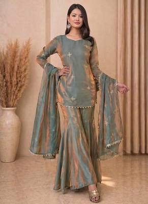 sea green embroidered sequin silk sharara suit set 4