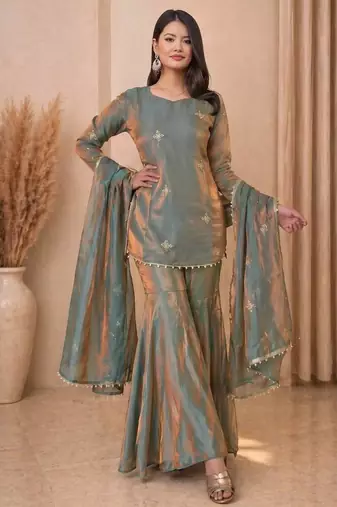sea green embroidered sequin silk sharara suit set