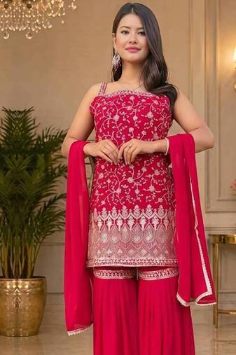 Pink zari Sequin embroidery work georgette kurta & sharara with dupatta set