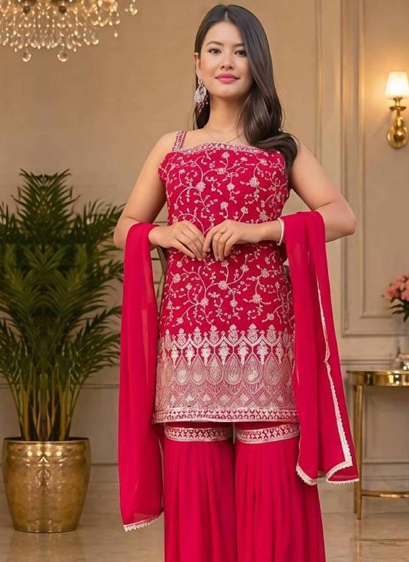 Pink zari Sequin embroidery work georgette kurta & sharara with dupatta set