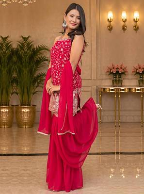 pink embroidered sequin georgette sharara suit set 2