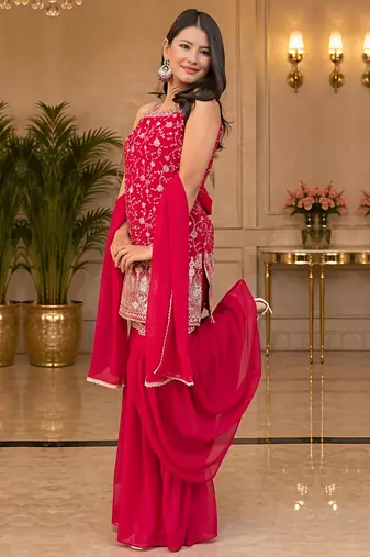 pink embroidered sequin georgette sharara suit set