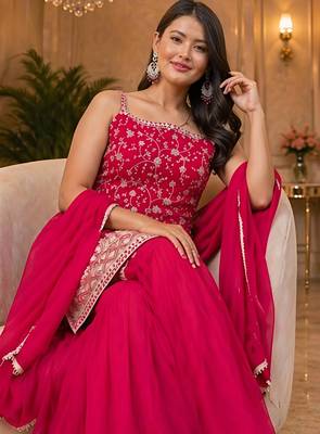 pink embroidered sequin georgette sharara suit set 3