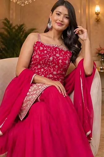 pink embroidered sequin georgette sharara suit set