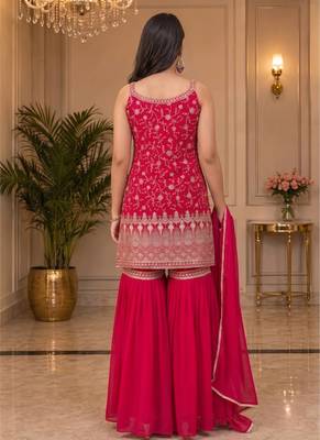 pink embroidered sequin georgette sharara suit set 4