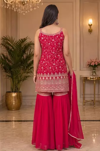 pink embroidered sequin georgette sharara suit set