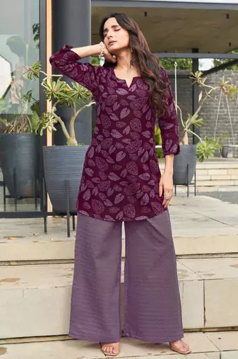 Purple leaf print poly cotton fusion wear co-ord set
