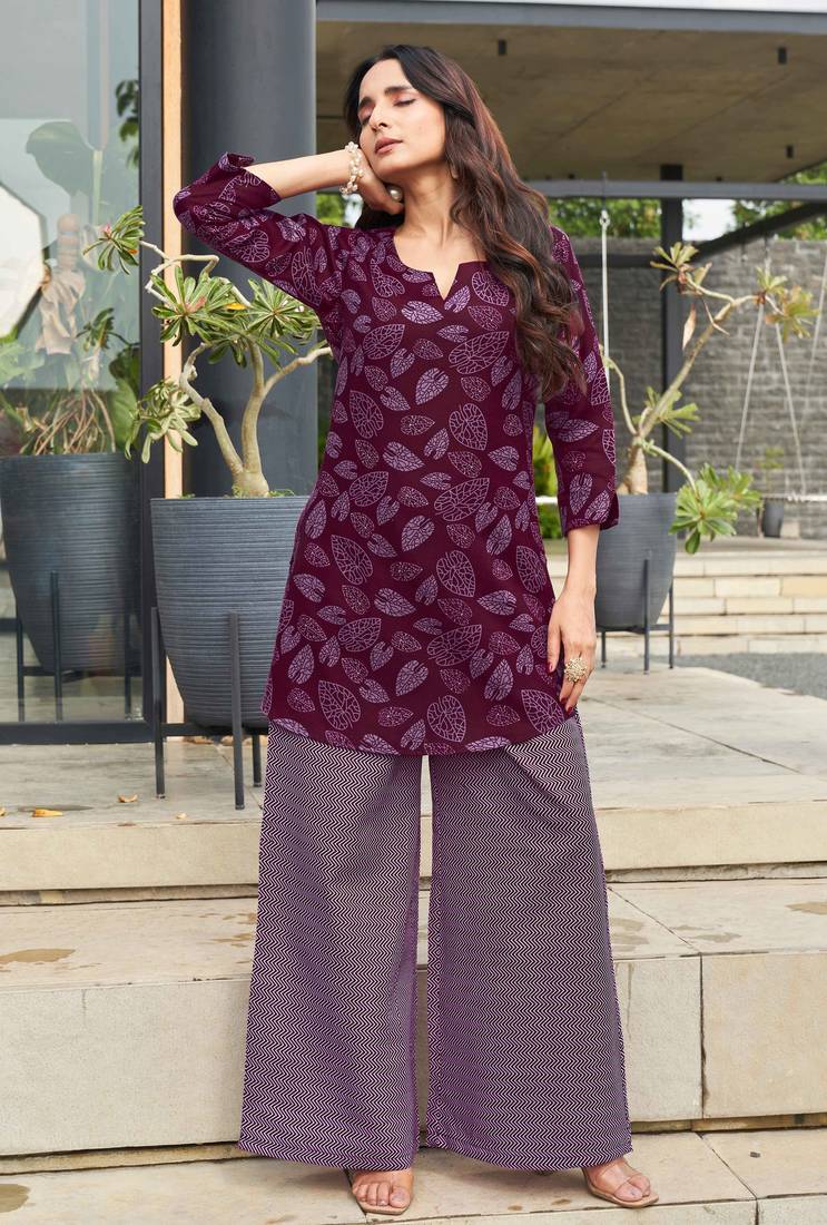 Purple leaf print poly cotton fusion wear co-ord set