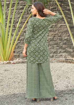 Green geometric print poly cotton fusion wear co-ord set 2