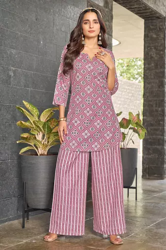 Pink geometric print poly cotton fusion wear co-ord set