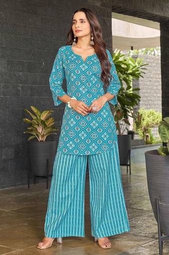 Sky blue geometric print poly cotton fusion wear co-ord set