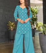 Sky blue geometric print poly cotton fusion wear co-ord set