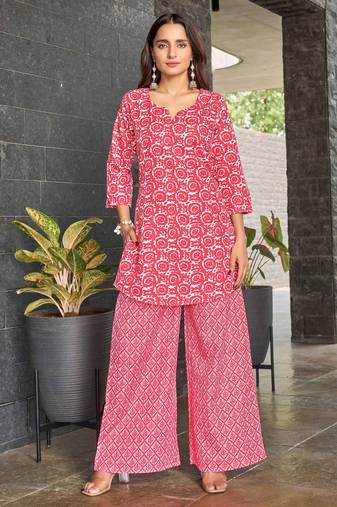 Red block print poly cotton fusion wear co-ord set