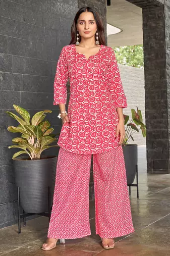 Red block print poly cotton fusion wear co-ord set