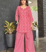 Red block print poly cotton fusion wear co-ord set