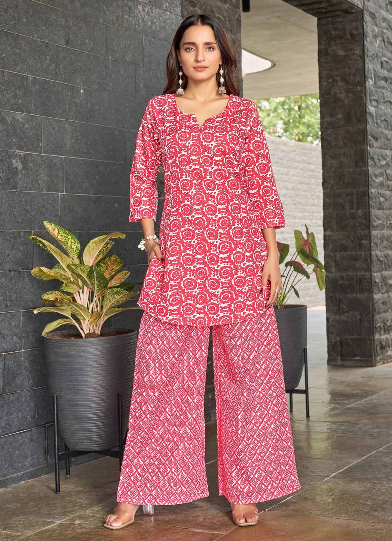 Red block print poly cotton fusion wear co-ord set
