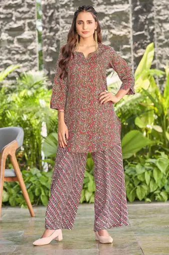 Brown block print poly cotton fusion wear co-ord set