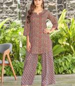 Brown block print poly cotton fusion wear co-ord set