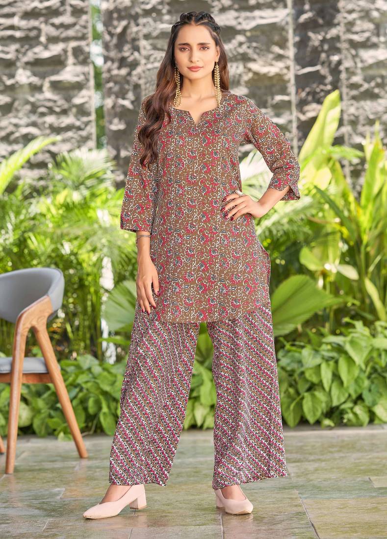 Brown block print poly cotton fusion wear co-ord set