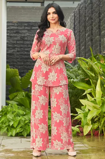 Baby pink floral print rayon relaxed fit co-ord set