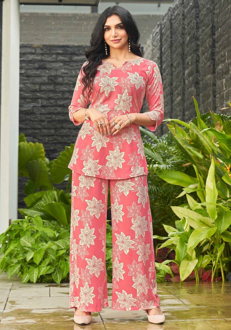 Baby pink floral print rayon relaxed fit co-ord set