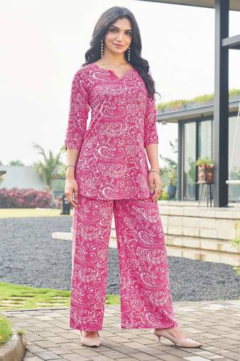 Pink paisley print rayon relaxed fit co-ord set