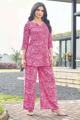 Pink paisley print rayon relaxed fit co-ord set