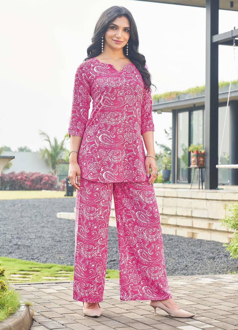 Pink paisley print rayon relaxed fit co-ord set