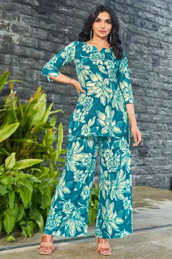 Blue floral print rayon relaxed fit co-ord set