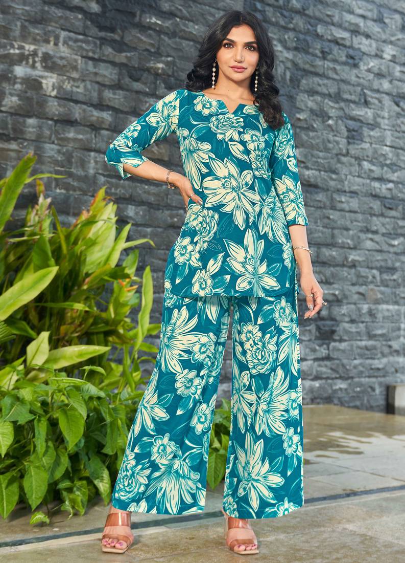 Blue floral print rayon relaxed fit co-ord set