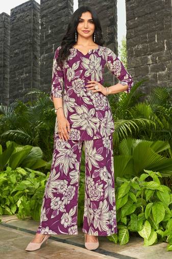 Plum purple floral print rayon relaxed fit co-ord set