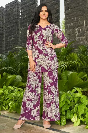Plum purple floral print rayon relaxed fit co-ord set